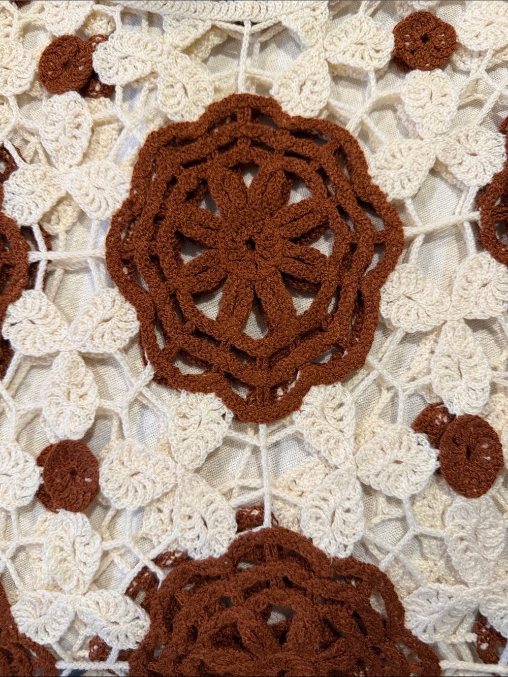 Open-Knit Floral Crochet Sweater - Cream & Brown 70s, festival, crochet - Picture 3 of 3